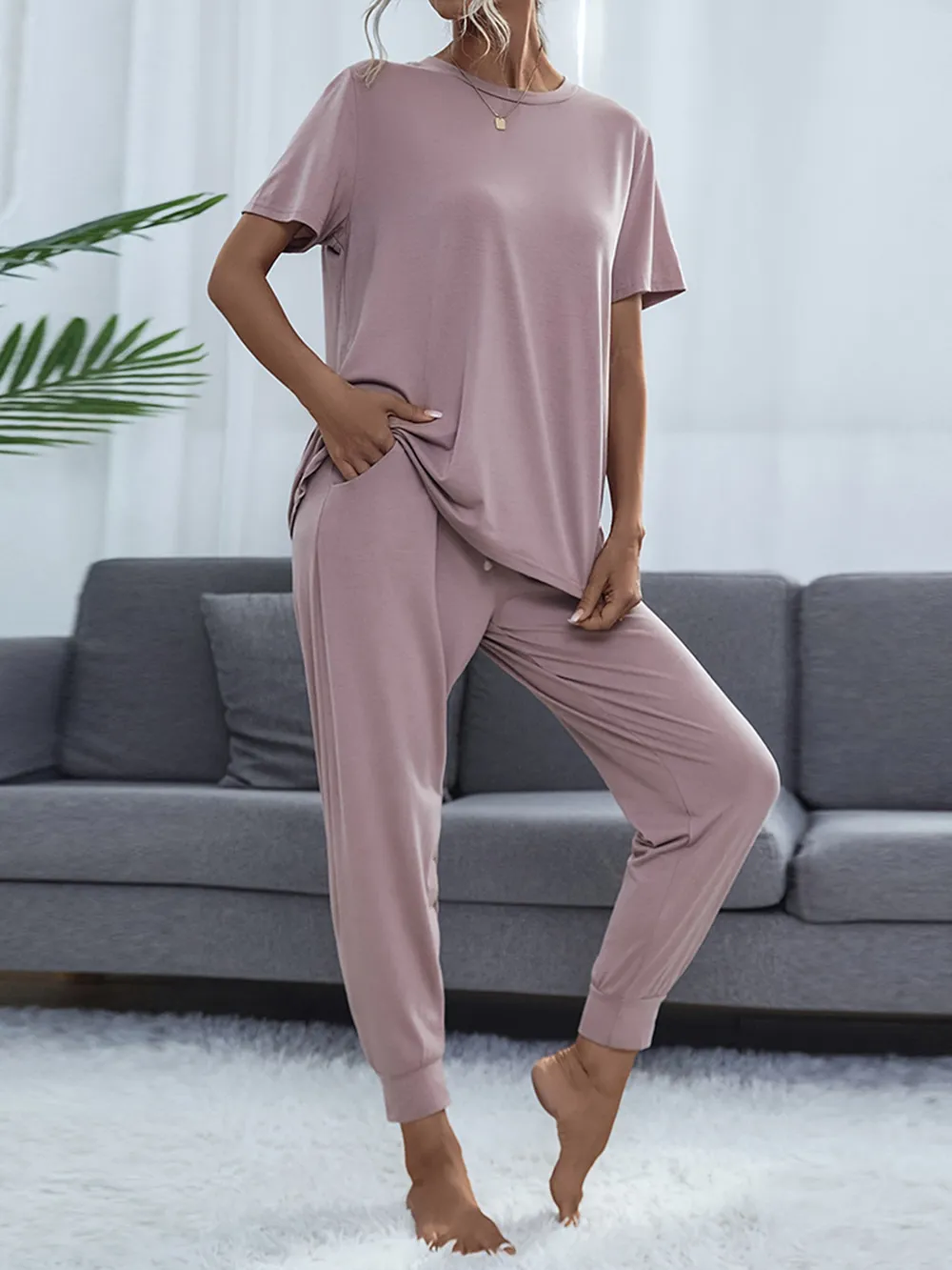 Round Neck Short Sleeve Top and Pants Set, image 7