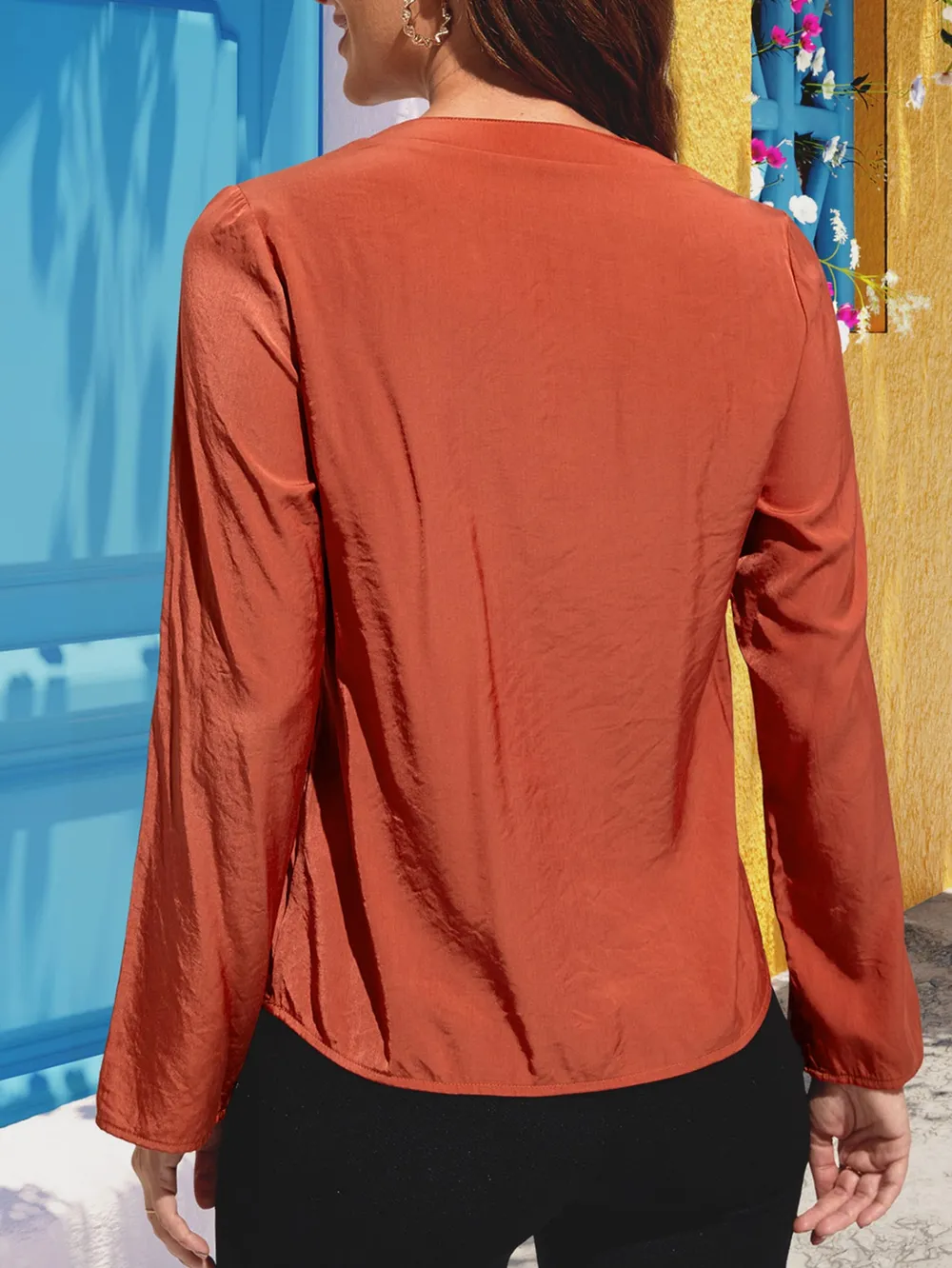 Notched Neck Long Sleeve Top, image 2