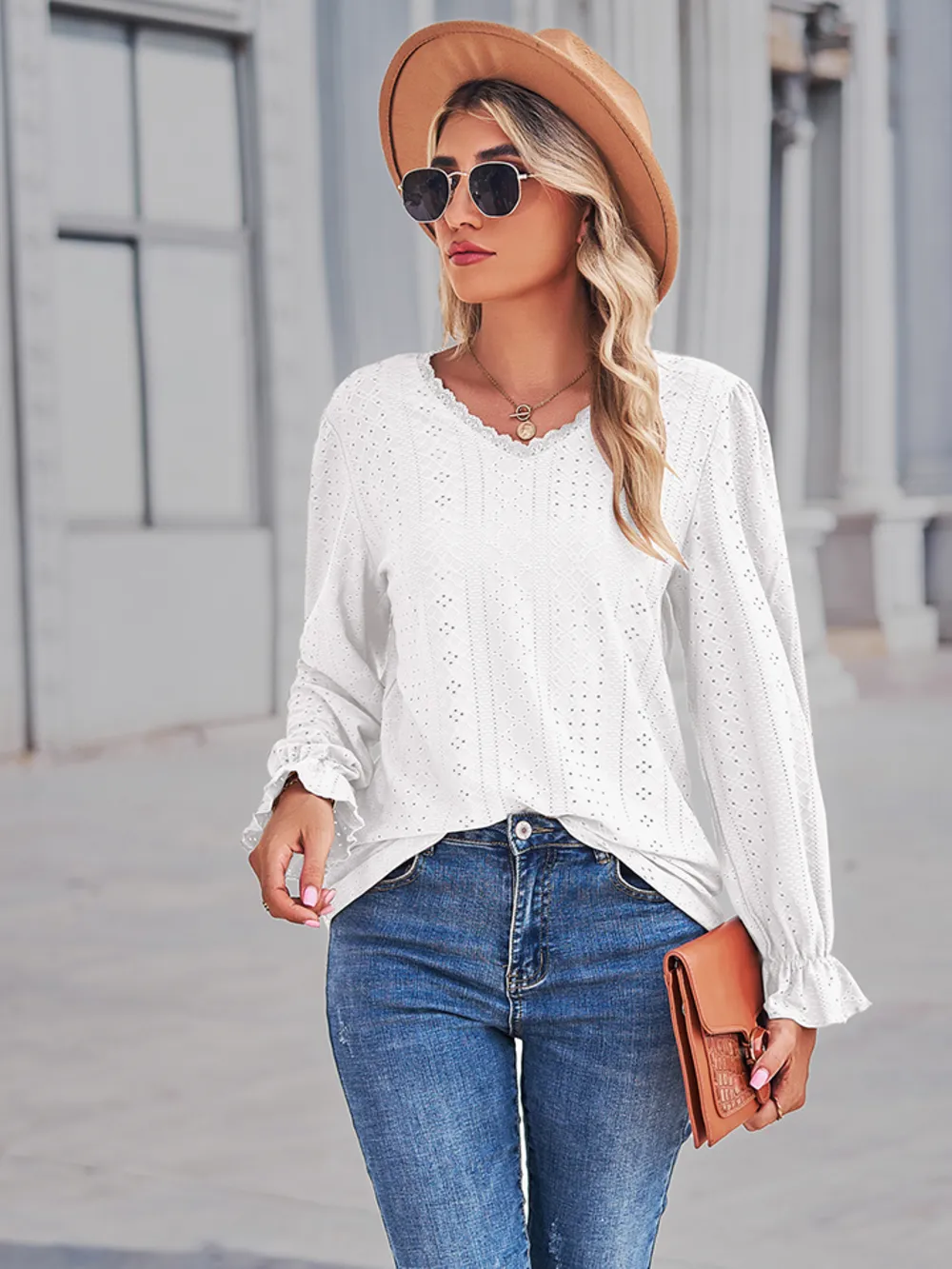 Eyelet V-Neck Flounce Sleeve Blouse, image 5