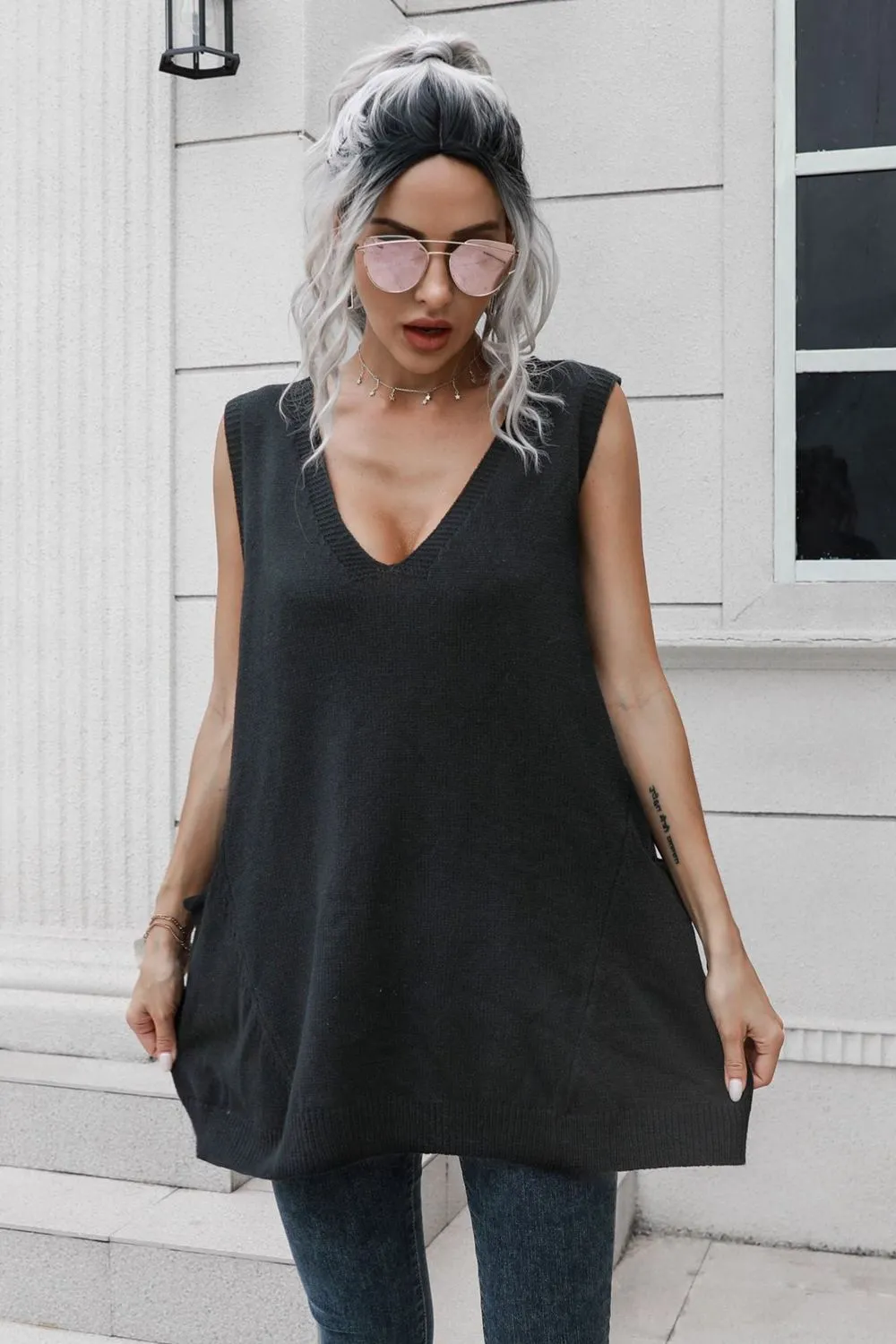 V-Neck Sleeveless Sweater Vest with Pocket, image 5