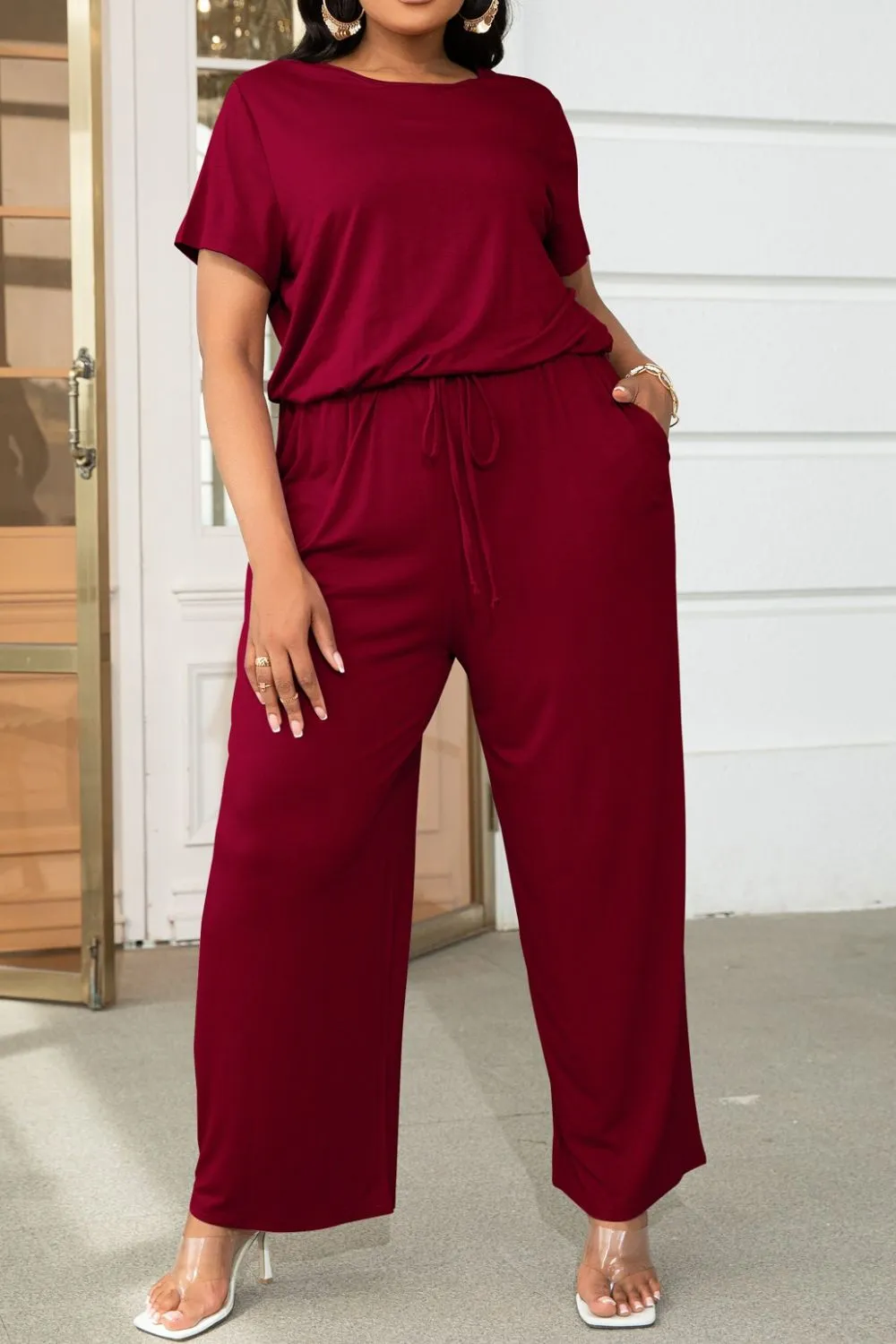 Plus Size Drawstring Waist Short Sleeve Jumpsuit, image 7
