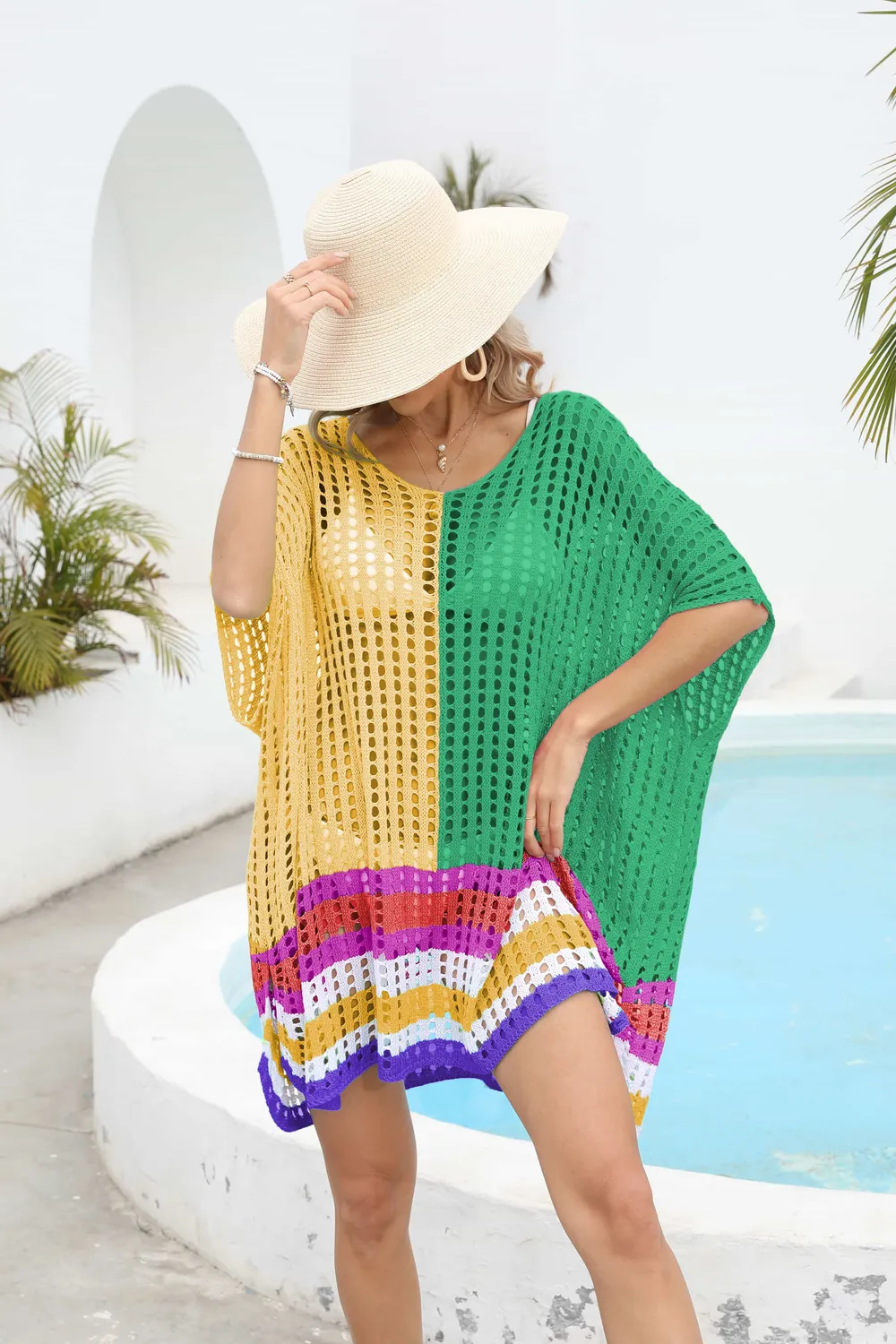 Contrast Scoop Neck Openwork Half Sleeve Cover Up, image 11