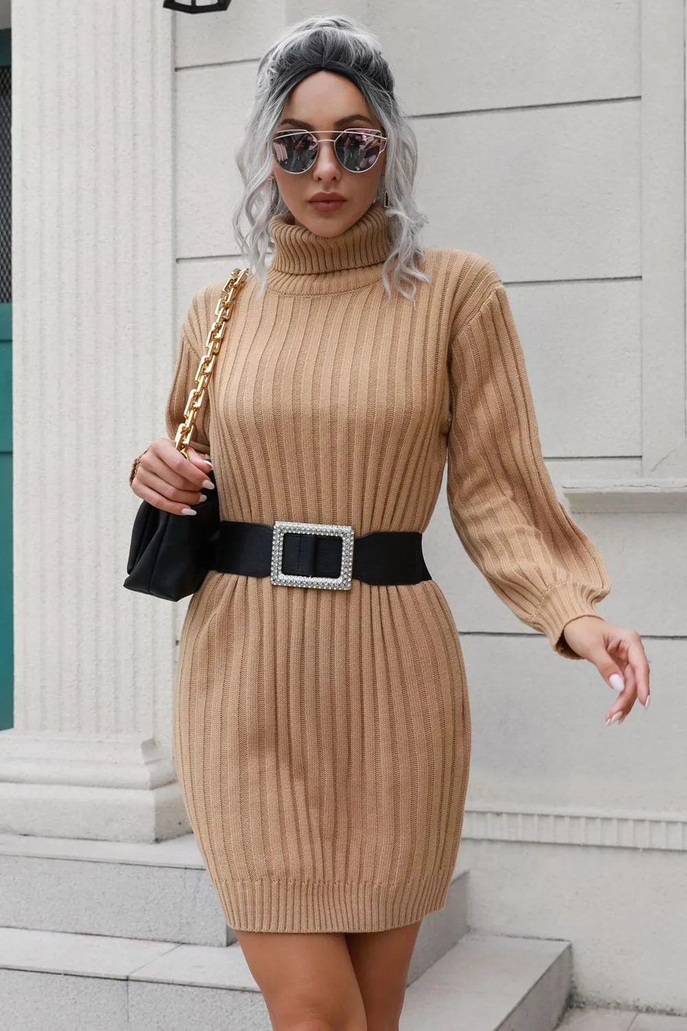 Ribbed Turtle Neck Long Sleeve Mini Sweater Dress, image 6