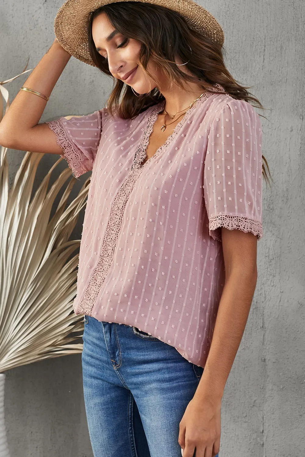 Swiss Dot Lace Trim Plunge Blouse, image 6