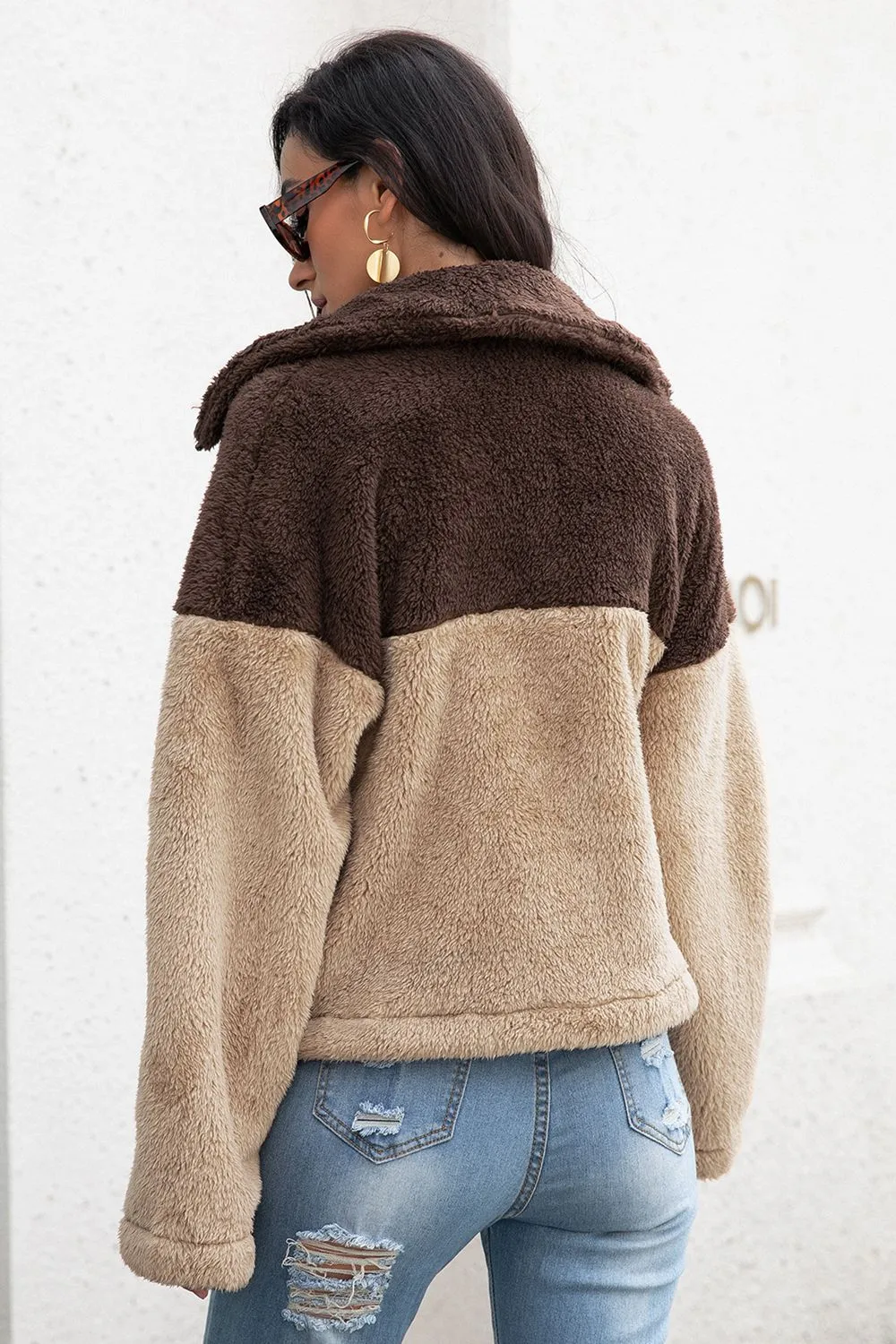 Two-Tone Collared Neck Fuzzy Jacket, image 2