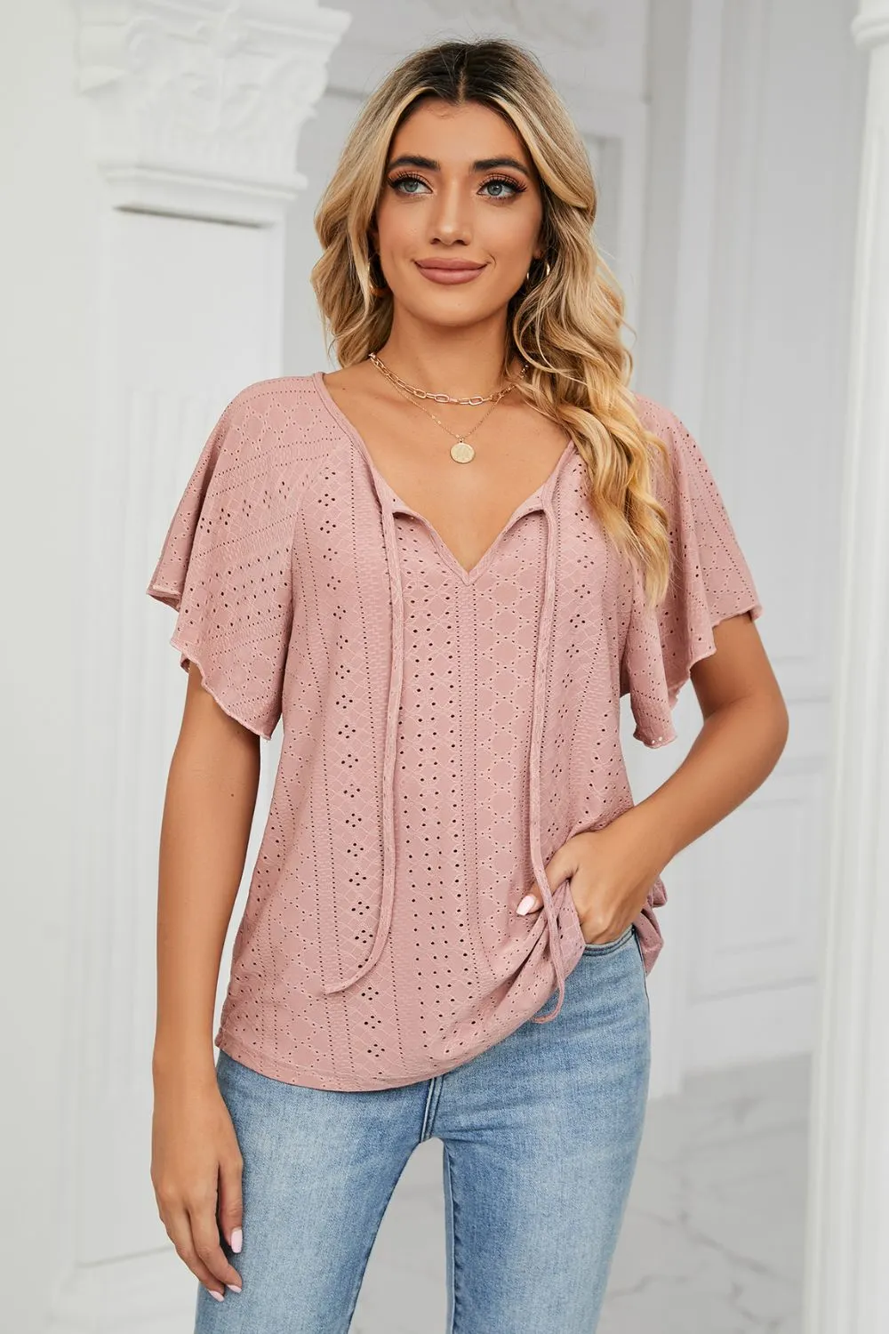 Eyelet Tie-Neck Flutter Sleeve Top, image 4