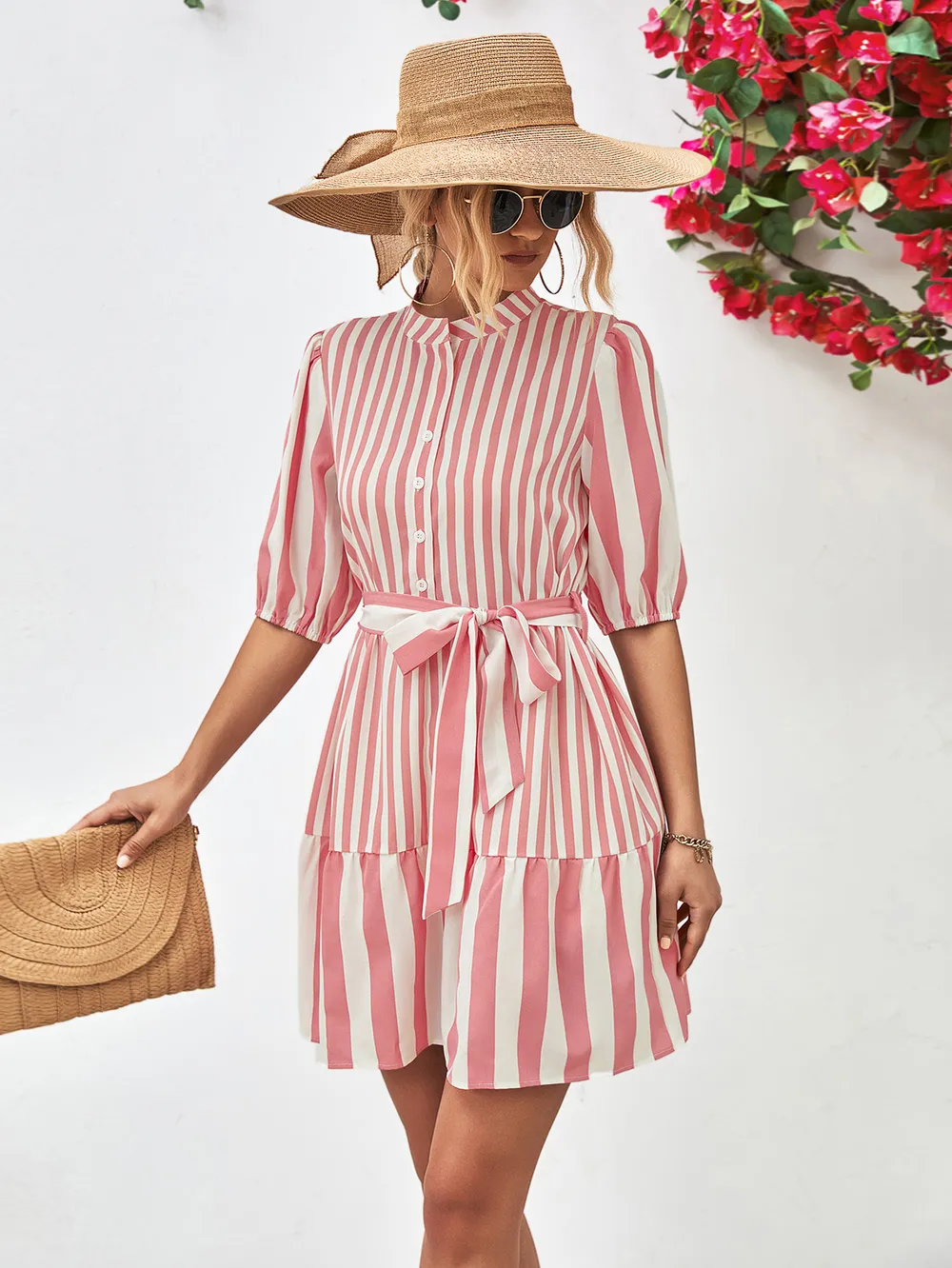 Striped Half Sleeve Tie Waist Mini Dress, image 8