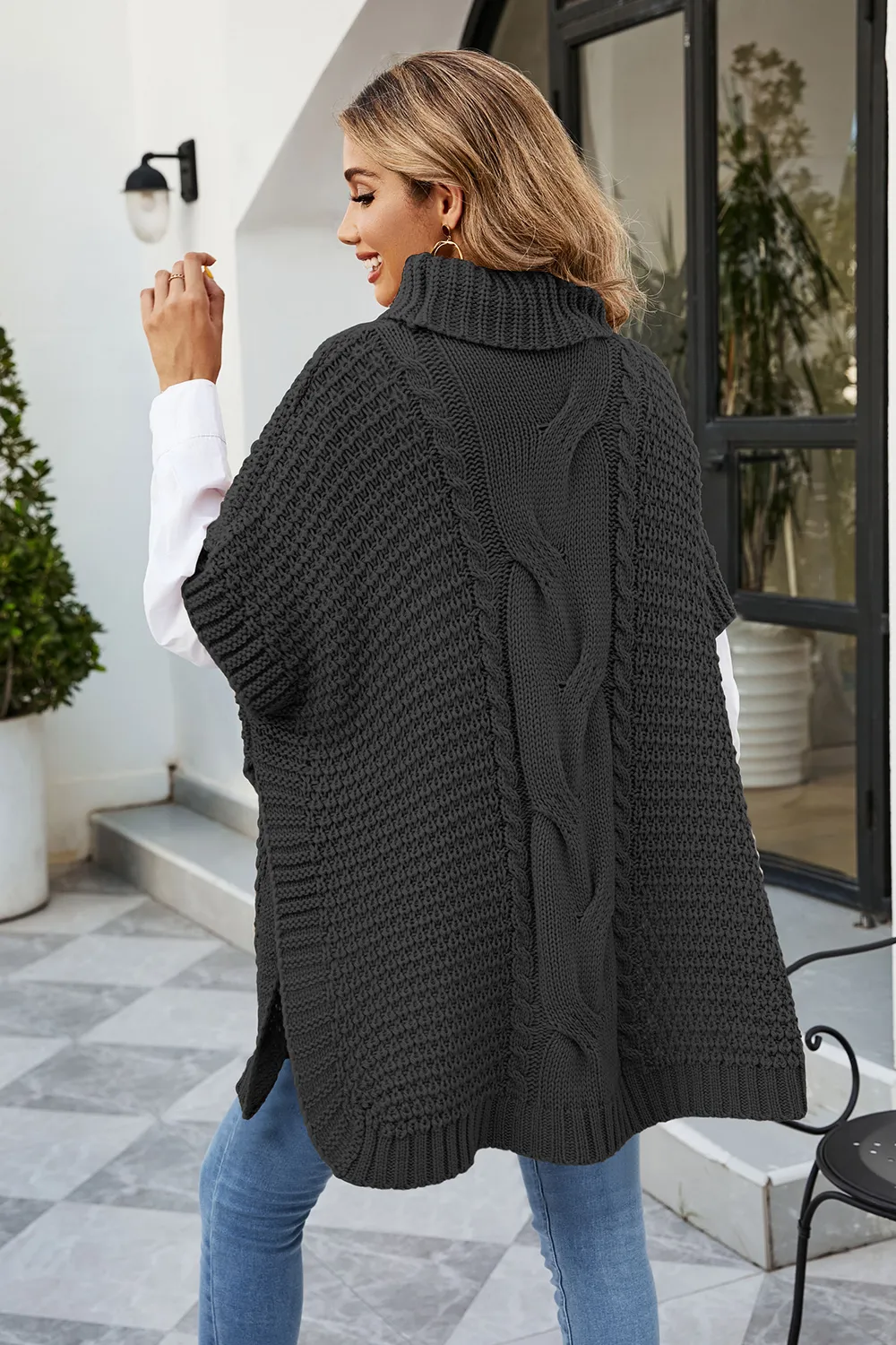 Cable-Knit Turtleneck Slit Sweater, image 7