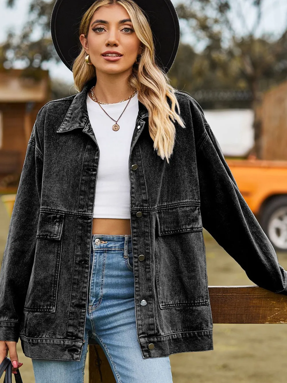 Dropped Shoulder Denim Jacket with Pockets, image 5