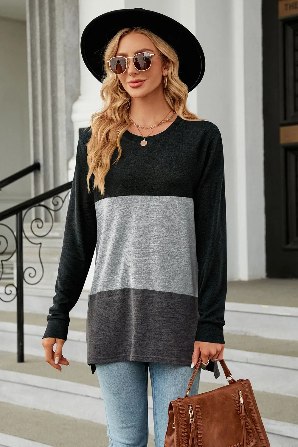 Color Block Round Neck Long Sleeve Slit T-Shirt, image 19