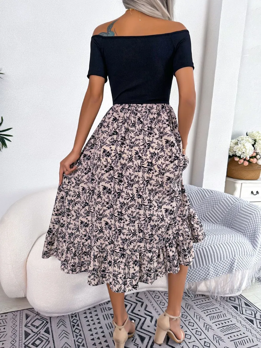 Printed Off-Shoulder Ruffle Hem Dress, image 9