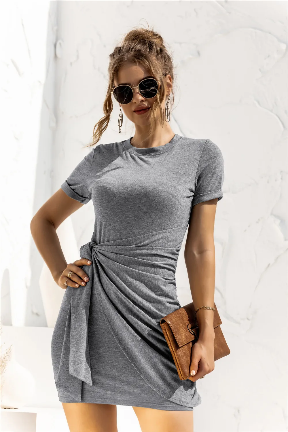 Round Neck Cuffed Sleeve Side Tie Dress, image 6