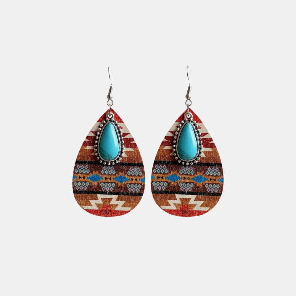 Turquoise Teardrop Shape Wooden Dangle Earrings, image 2