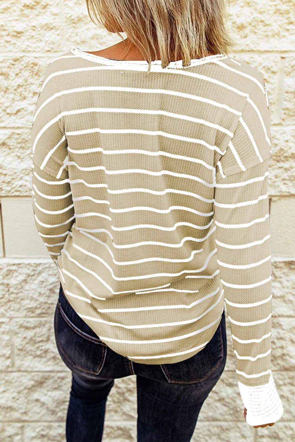 Striped Waffle Knit Henley Long Sleeve Top, image 4