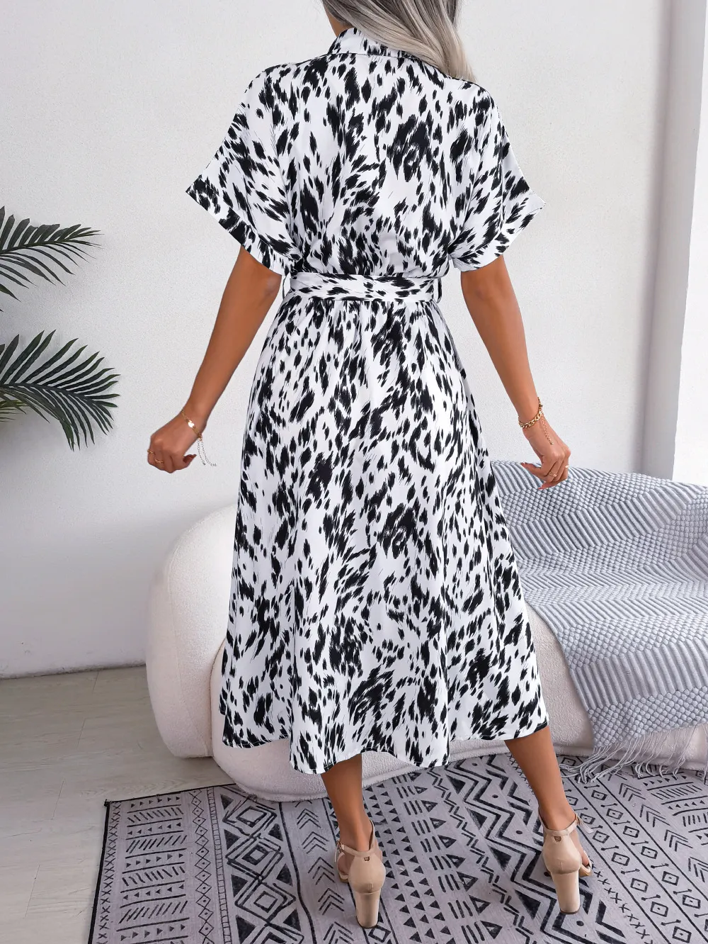 Printed Collared Neck Short Sleeve Tie Waist Dress, image 4