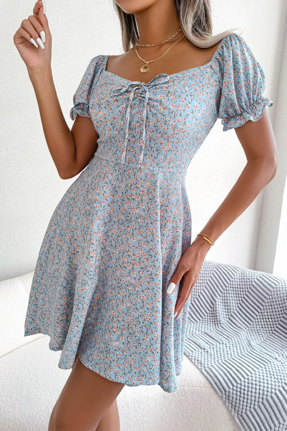 Ditsy Floral Drawstring A-Line Dress, image 2
