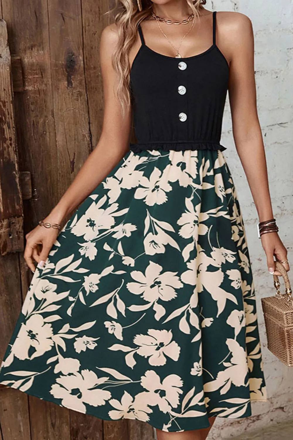 Two-Tone Decorative Button Frilled Dress, image 4