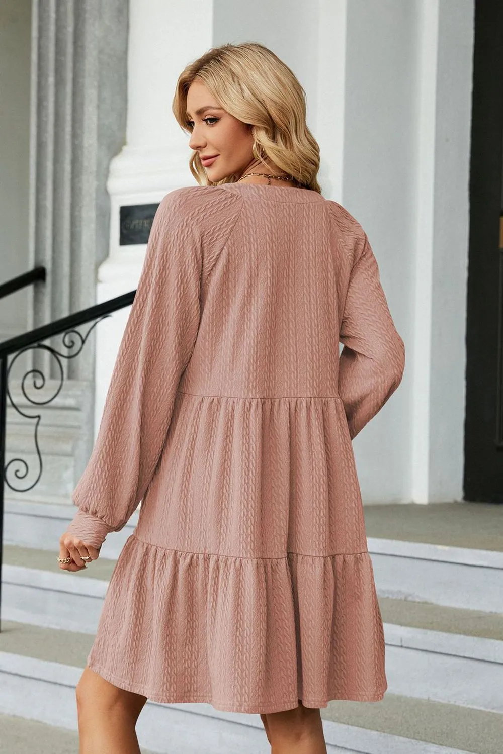 Notched Neck Long Sleeve Mini Dress, image 9