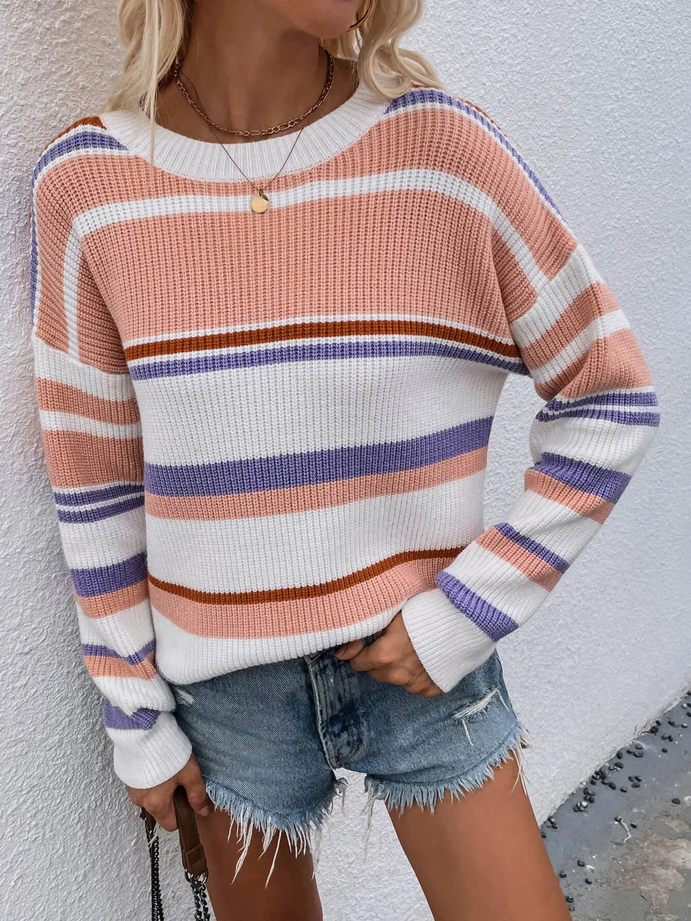 Striped Drop Shoulder Round Neck Pullover Sweater, image 5