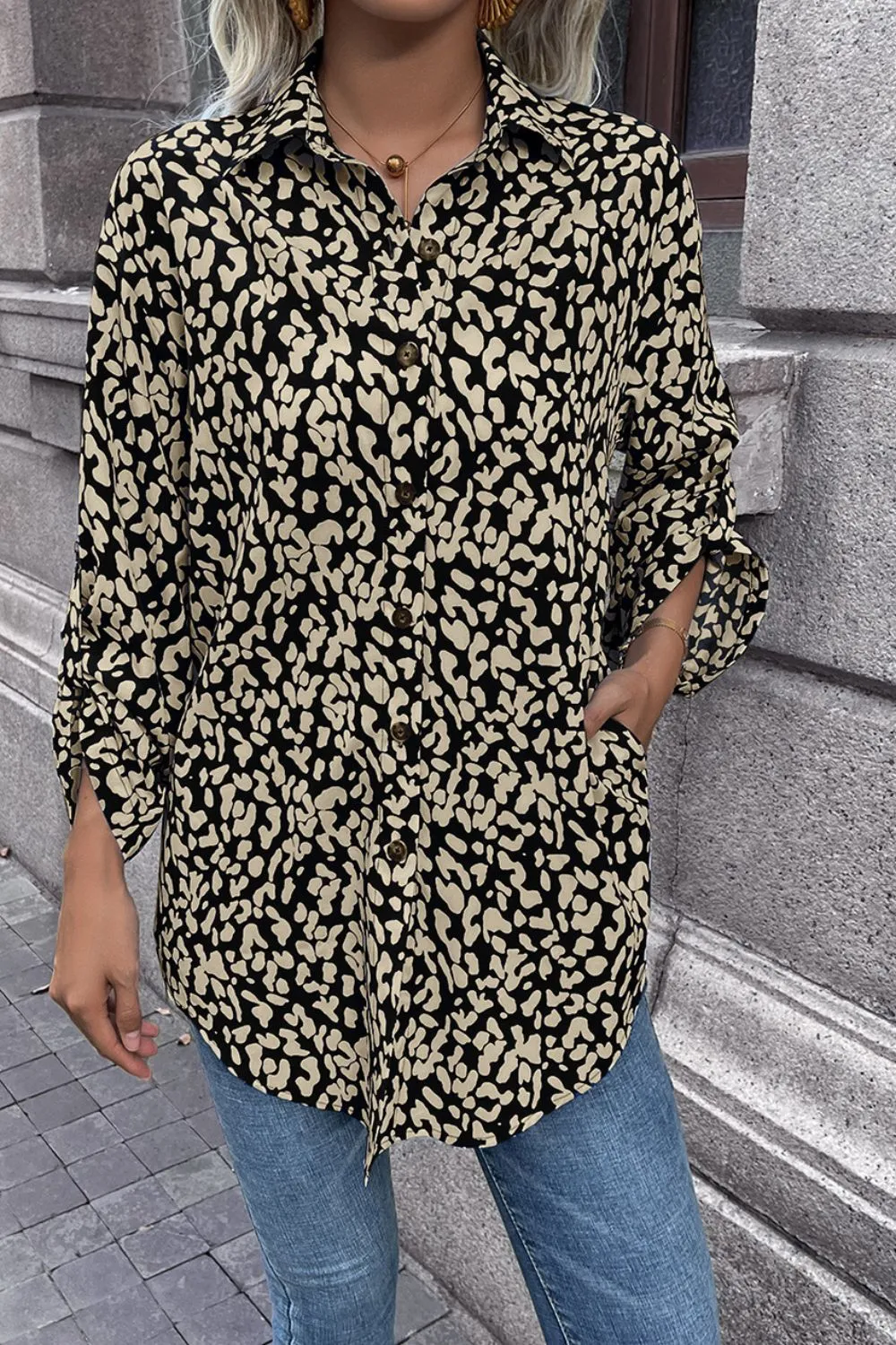 Leopard Roll-Tap Sleeve Shirt, image 9