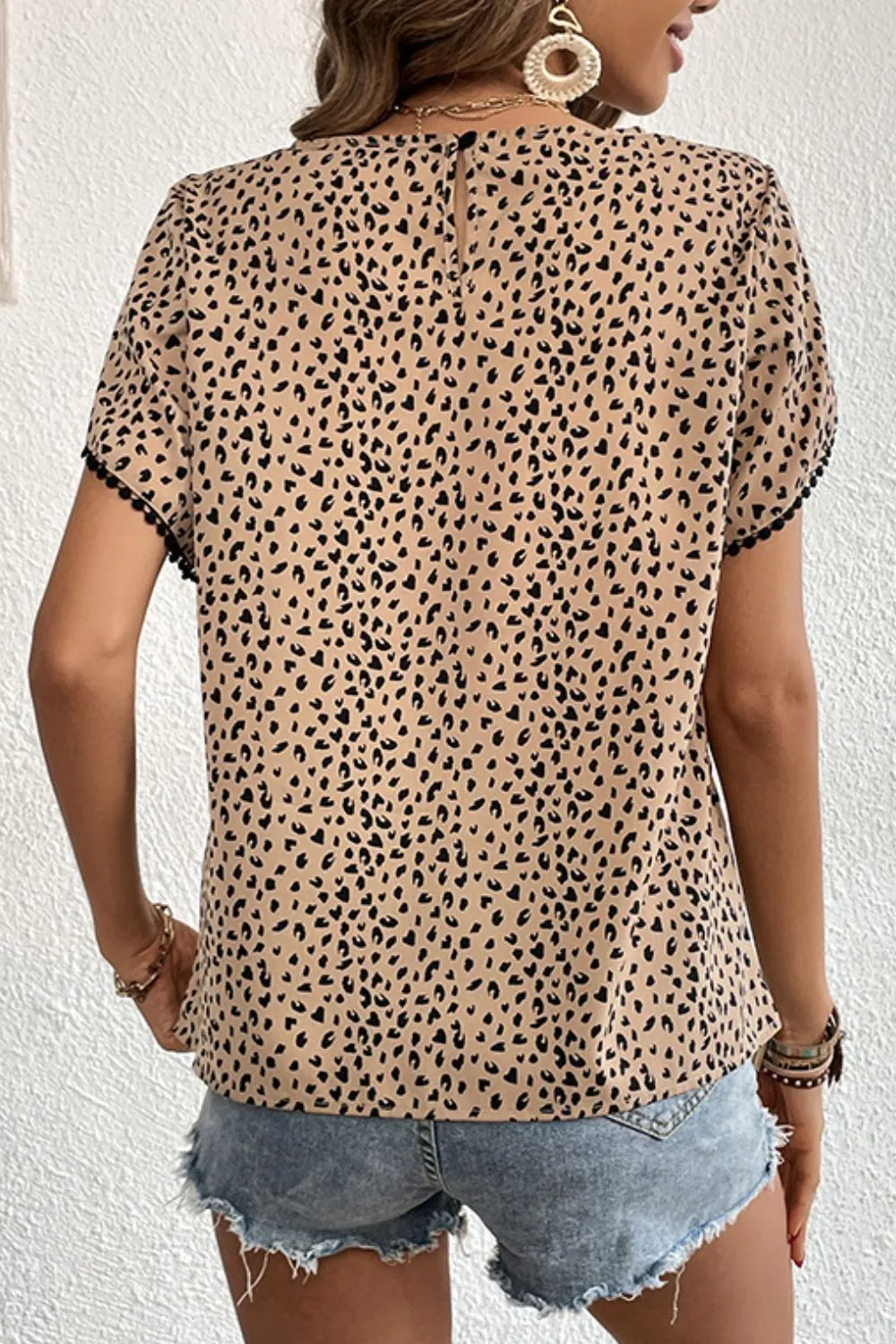 Printed Pom Pom Detail Petal Sleeve Round Neck Blouse, image 2