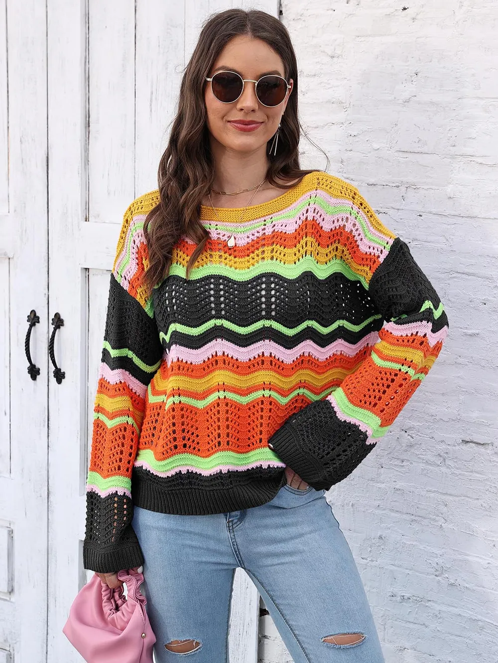 Openwork Round Neck Knit Top, image 8