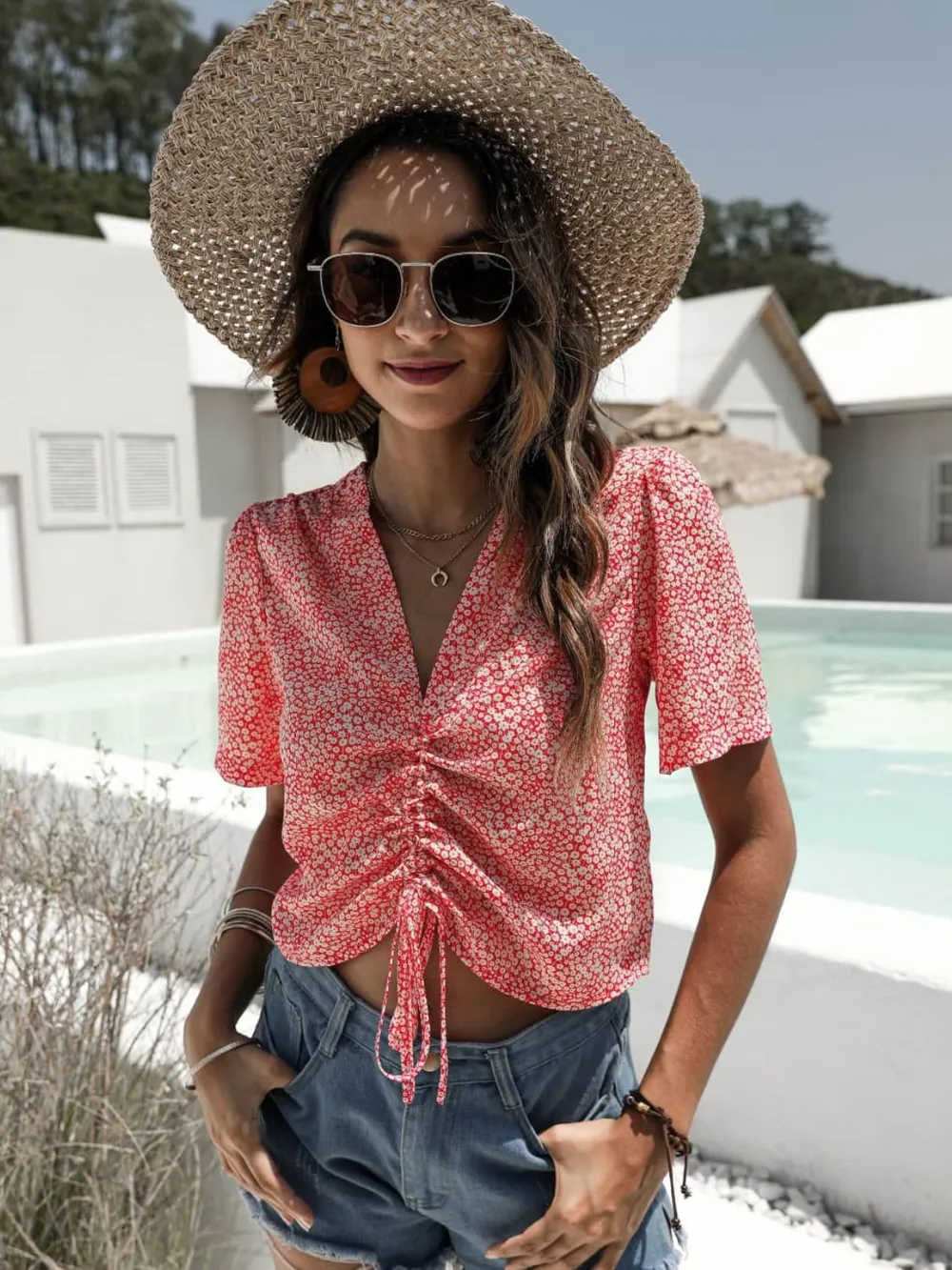 Floral Drawstring Deep V Cropped Blouse, image 3