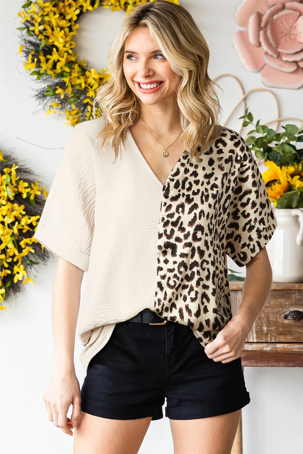 Leopard Color Block V-Neck Blouse, image 4