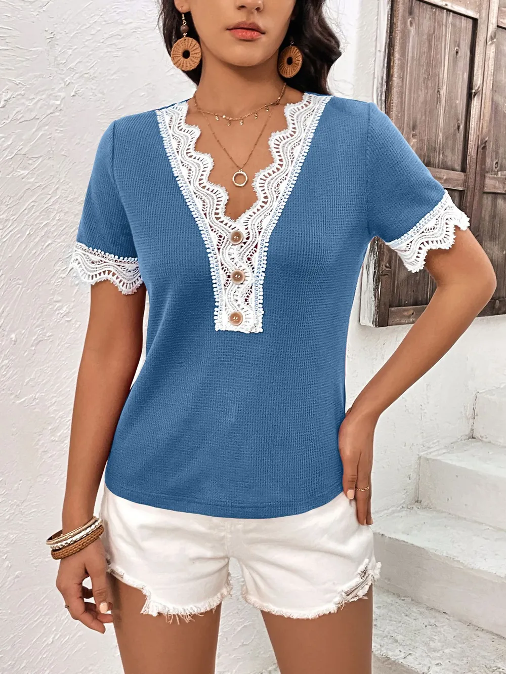 Decorative Button Spliced Lace Short Sleeve Top, image 8