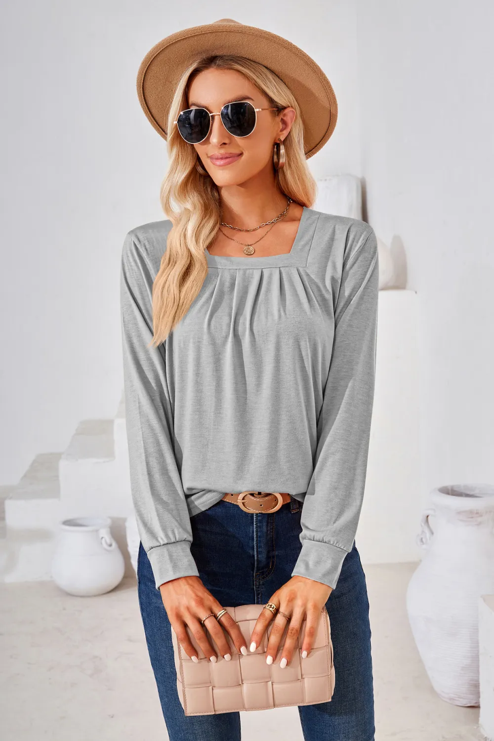 Square Neck Ruched Long Sleeve Blouse, image 4