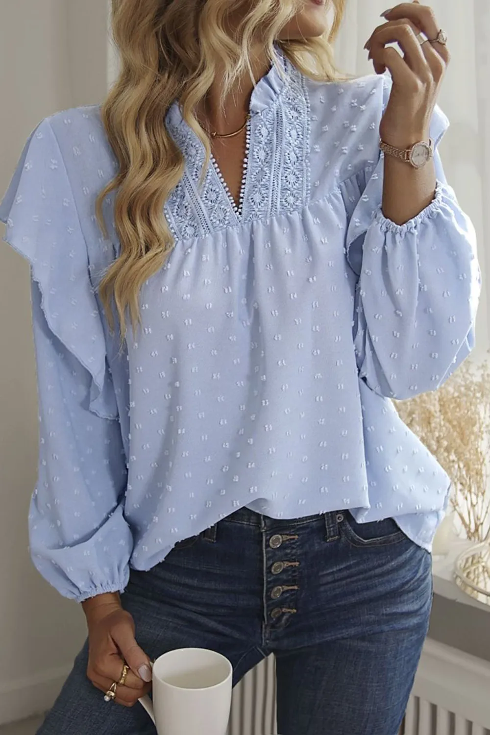 Swiss Dot Ruffled Long Sleeve Blouse, image 4