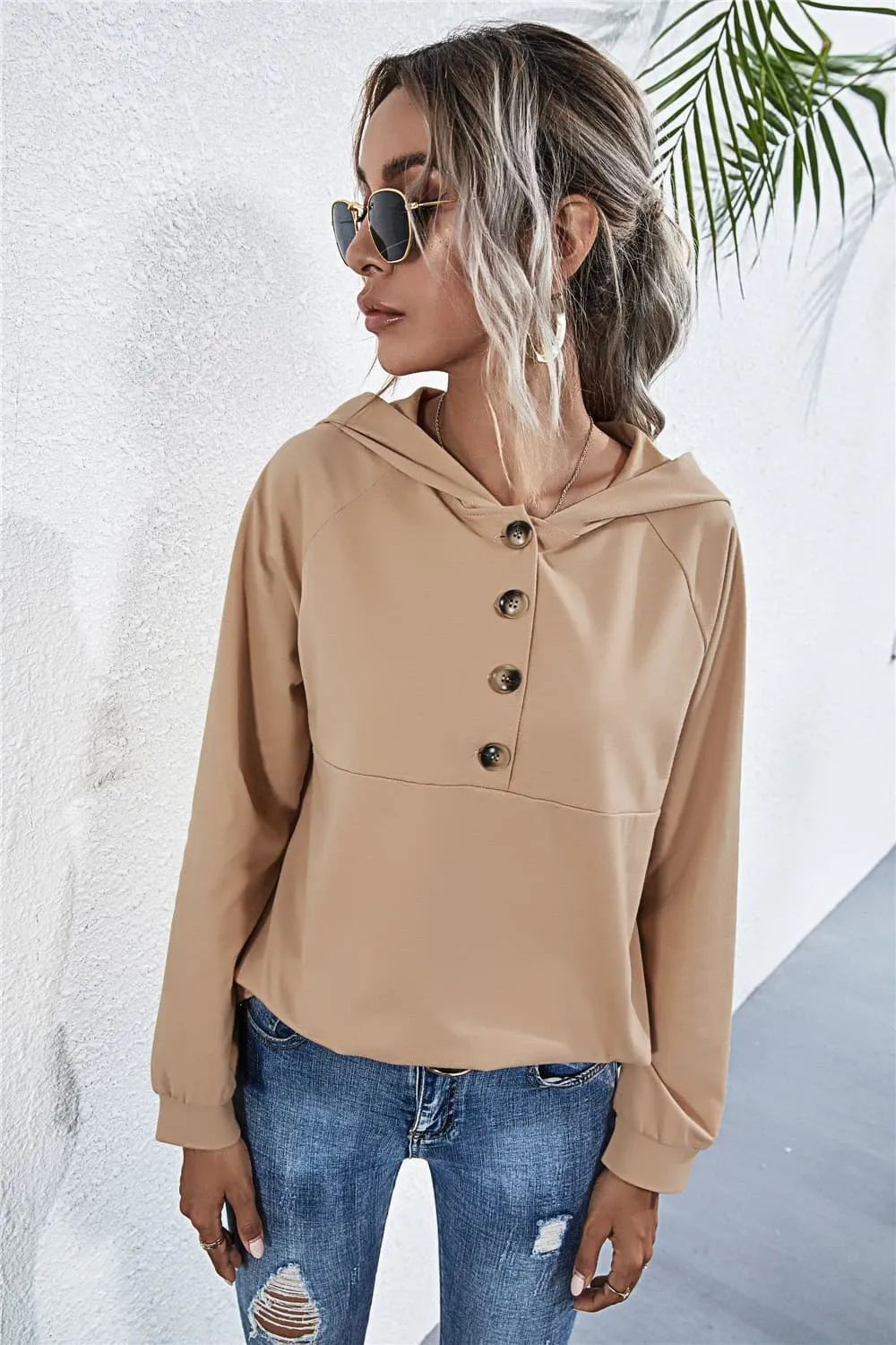 Buttoned Raglan Sleeve Hooded Blouse, image 6