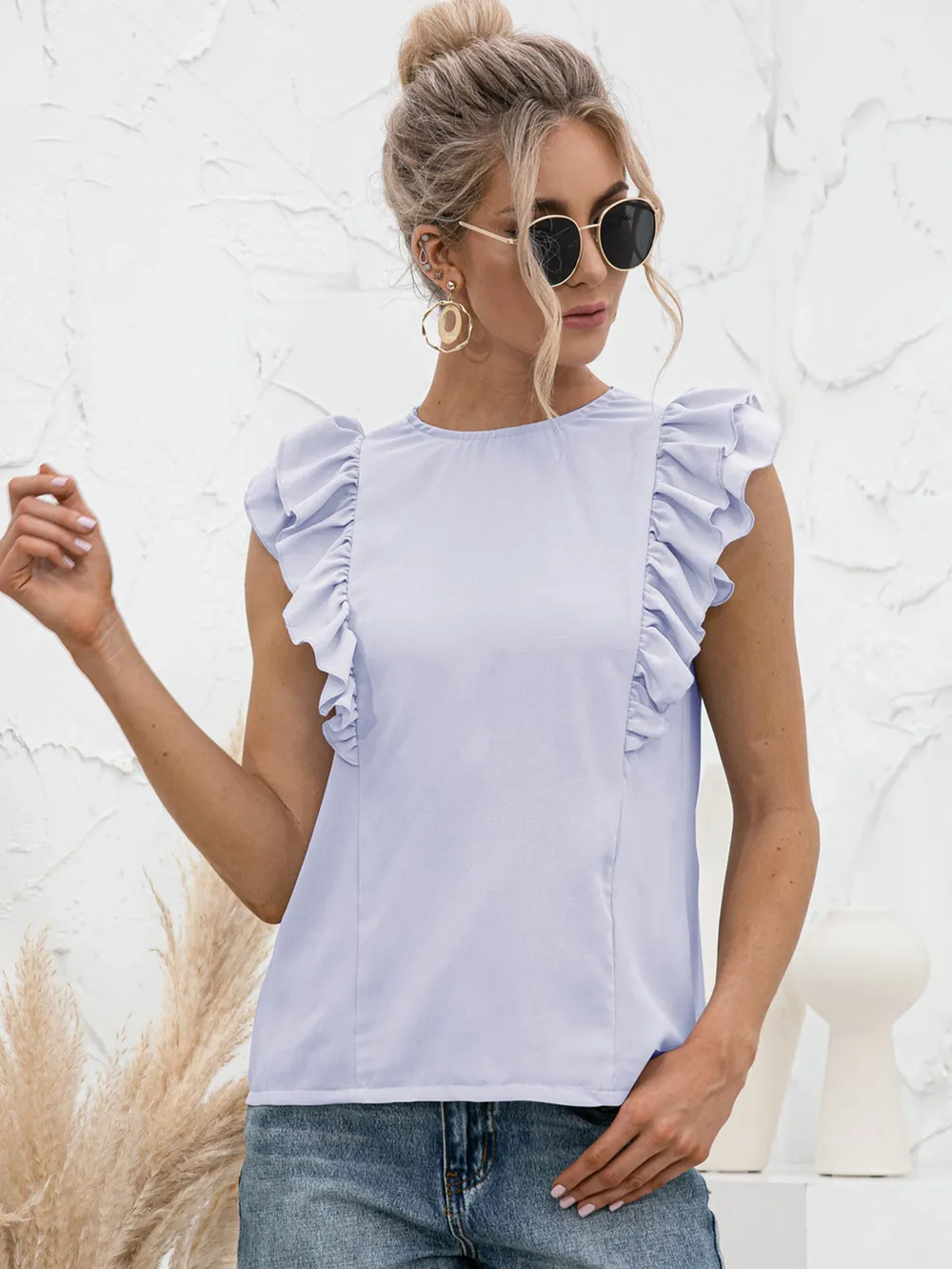 Round Neck Tied Open Back Flutter Sleeve Top, image 3
