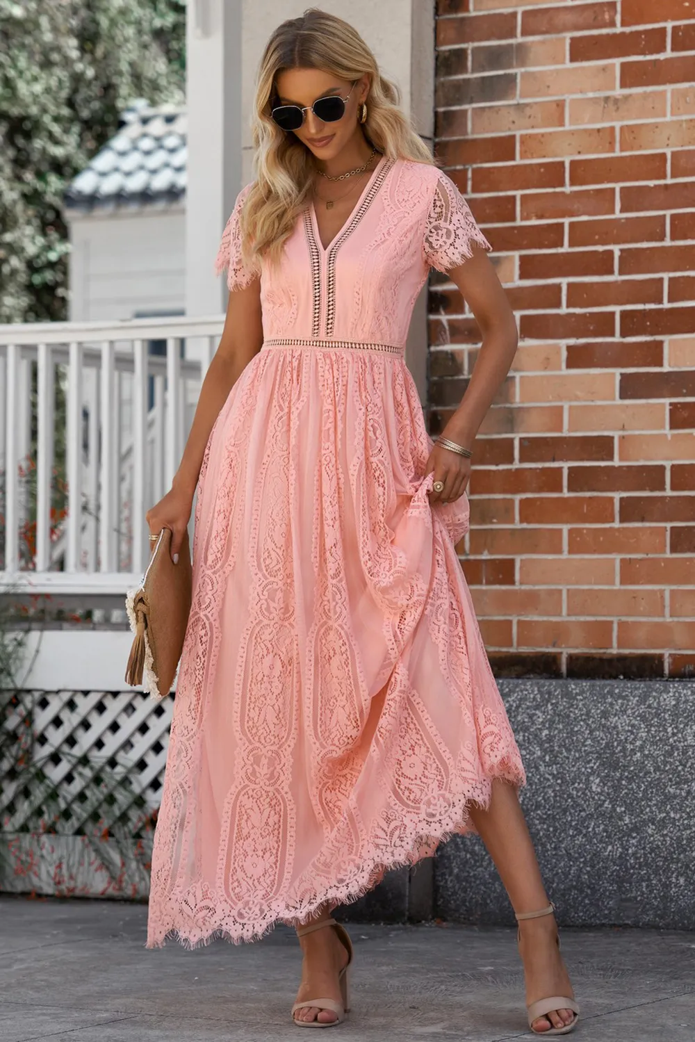 Scalloped Trim Lace Plunge Dress, image 5