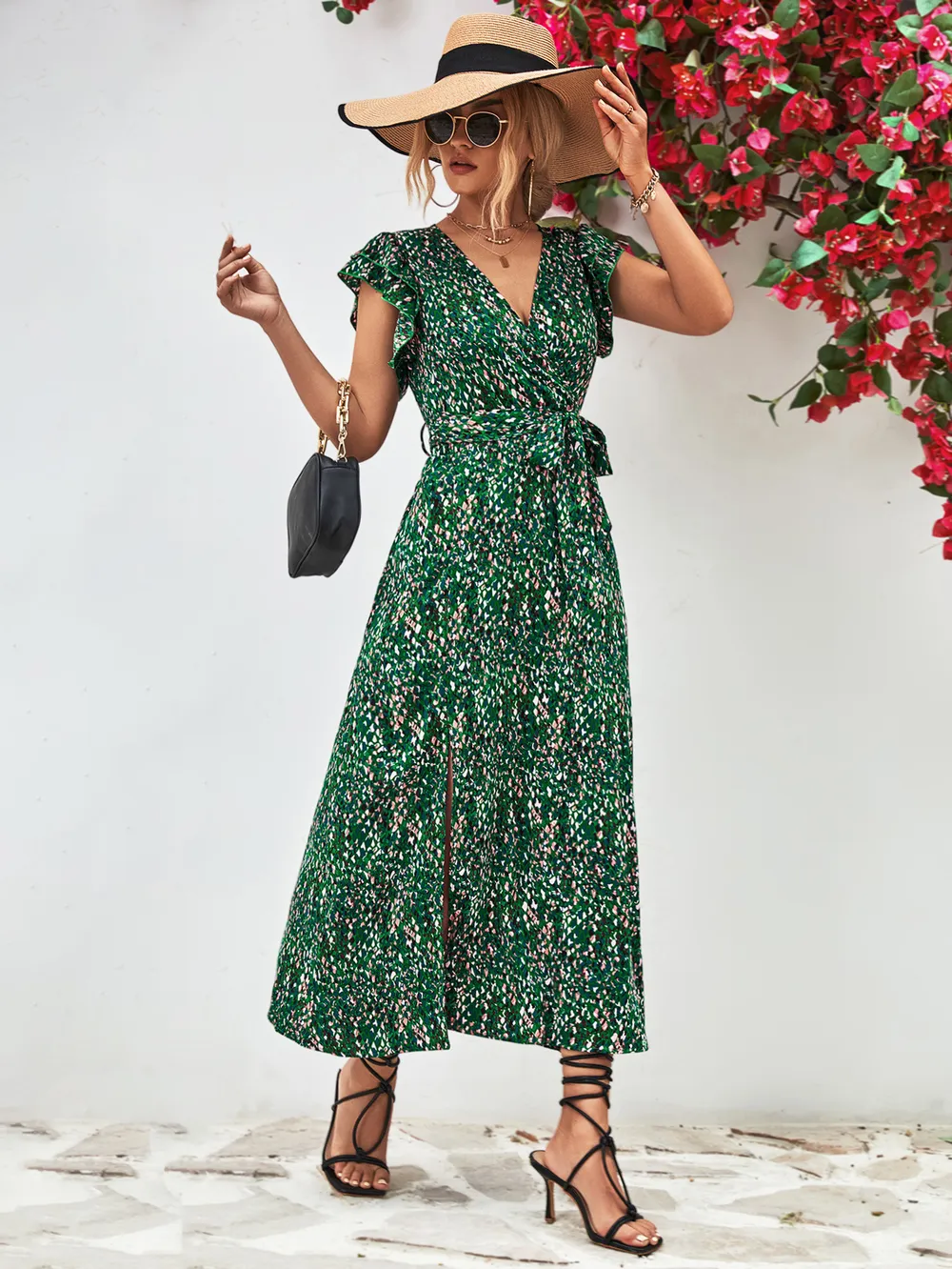 Printed Surplice Neck Flutter Sleeve Slit Dress, image 3
