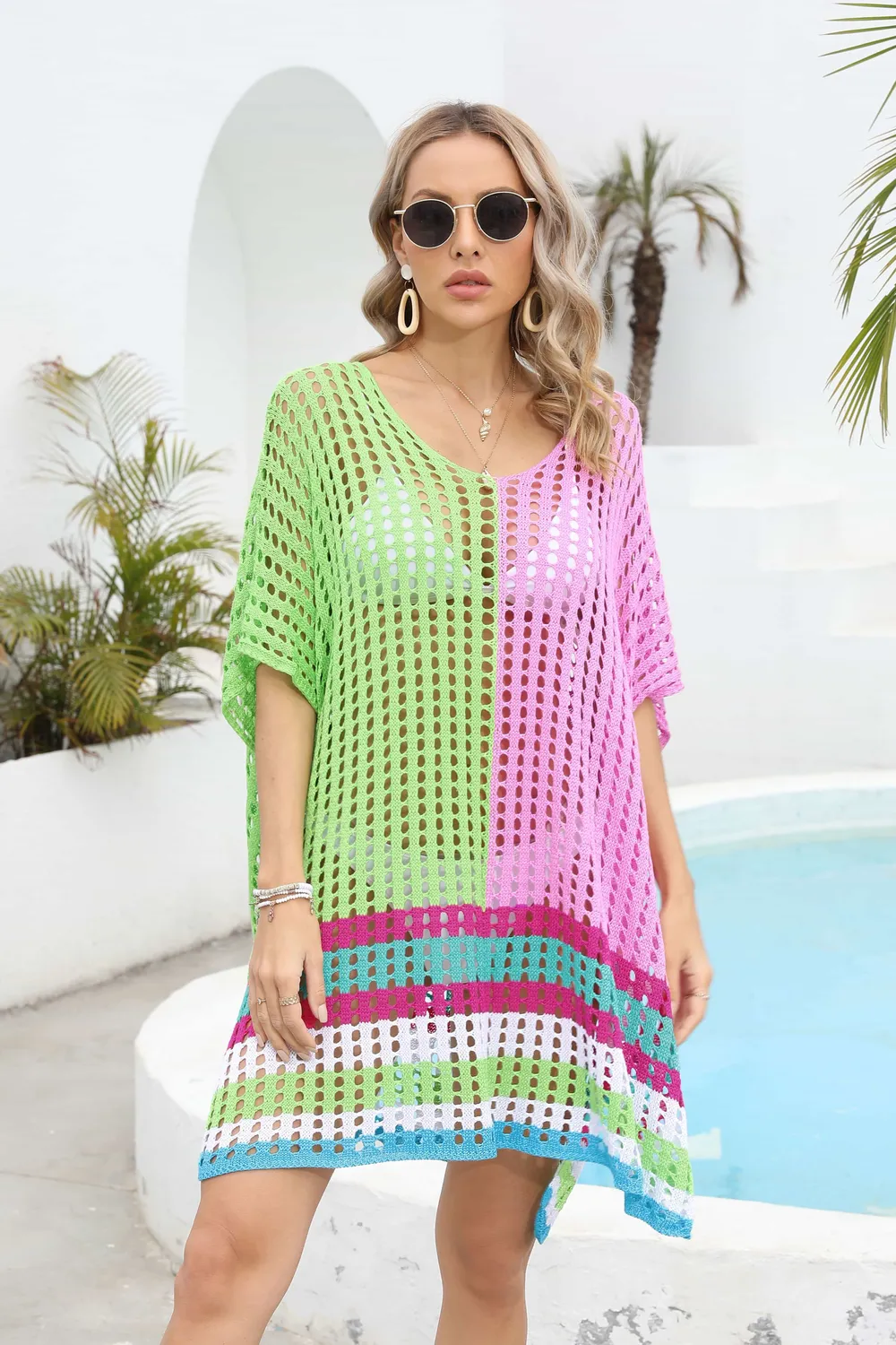 Contrast Scoop Neck Openwork Half Sleeve Cover Up, image 2
