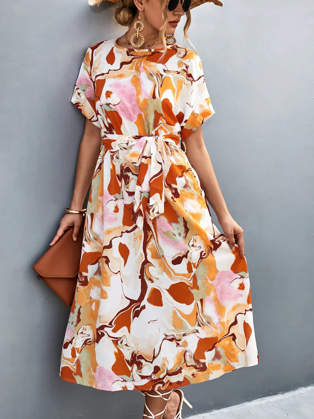 Round Neck Short Sleeve Tie Waist Midi Dress, image 4