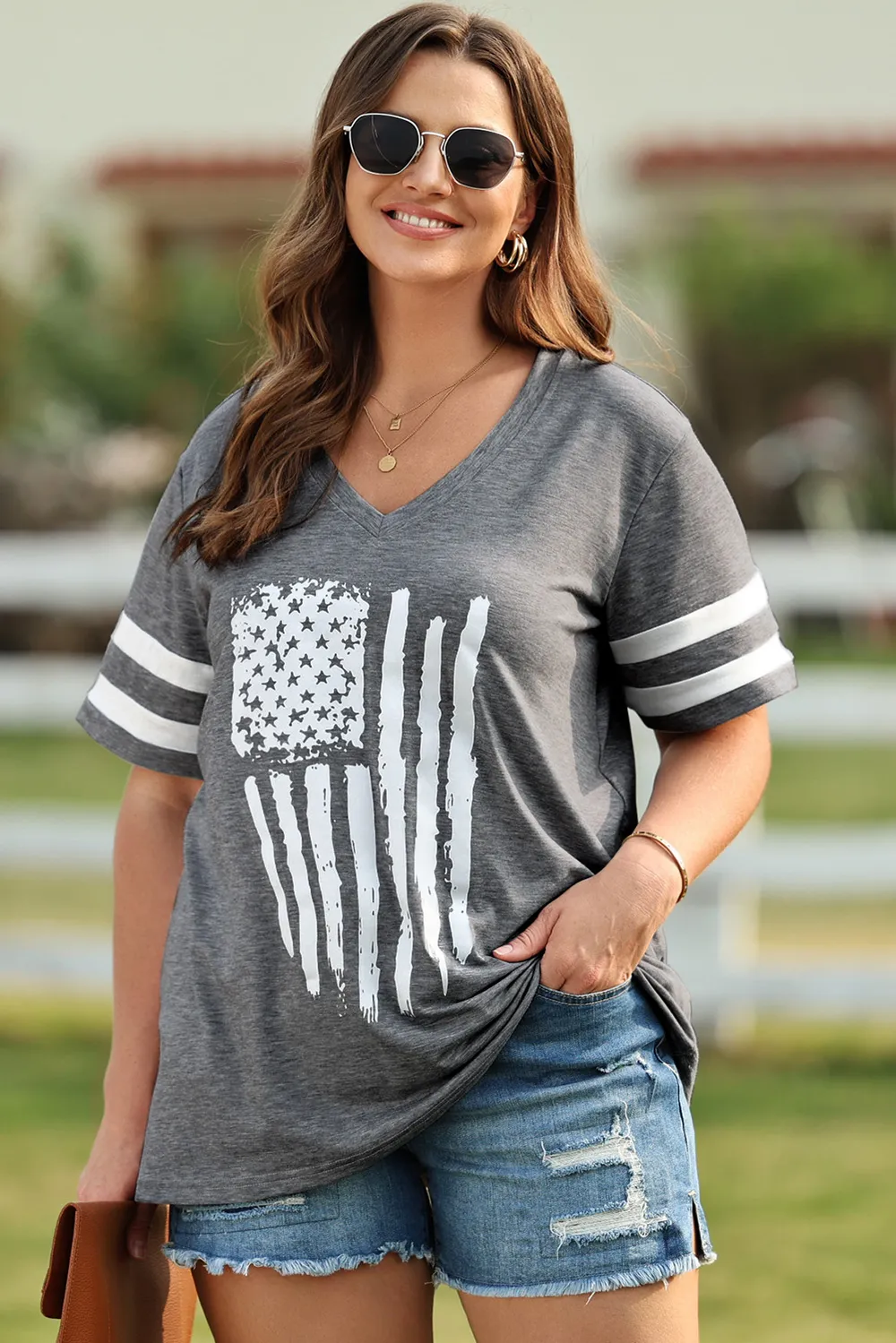 Plus Size US Flag Graphic V-Neck Tee, image 2