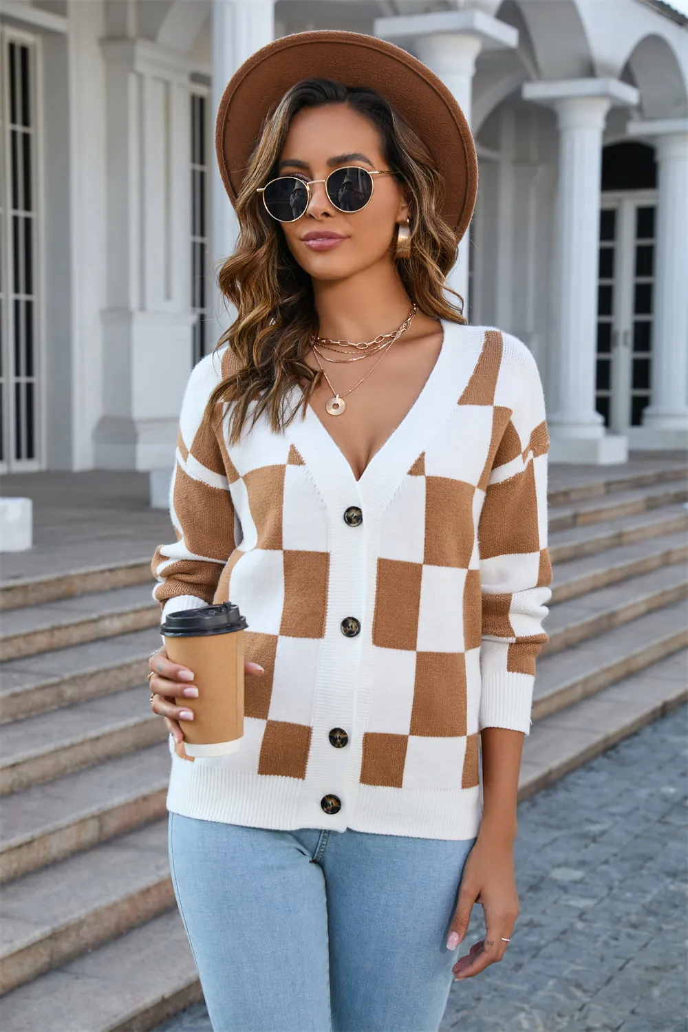 Button-Up V-Neck Dropped Shoulder Cardigan, image 2