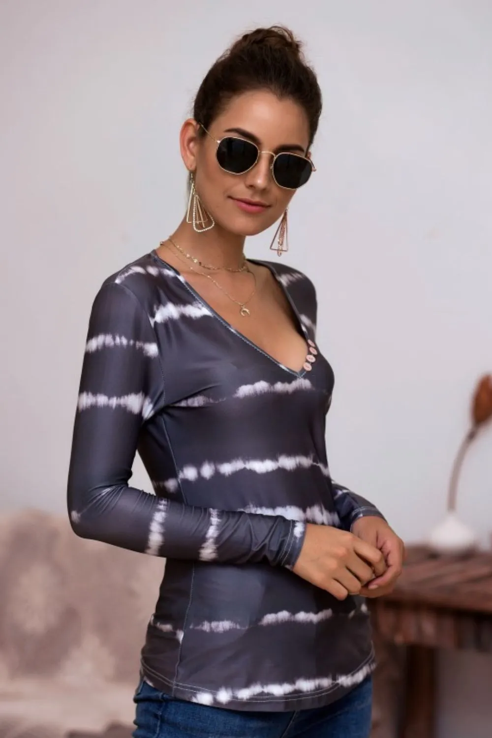 Tie-Dye Plunge Long Sleeve Top, image 4