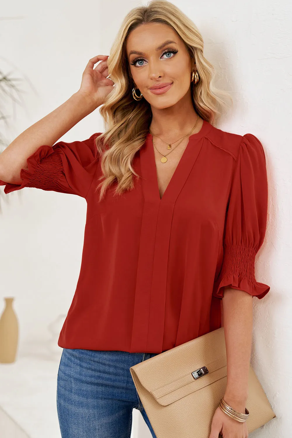 Smocked Flounce Sleeve Notched Neck Blouse, image 9