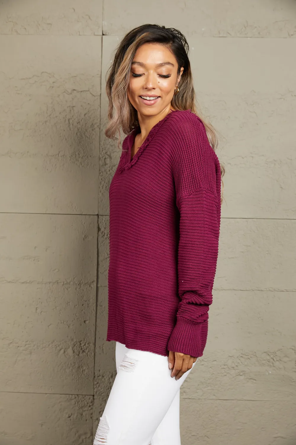 Horizontal Ribbing Fringe Trim Hooded Sweater, image 5