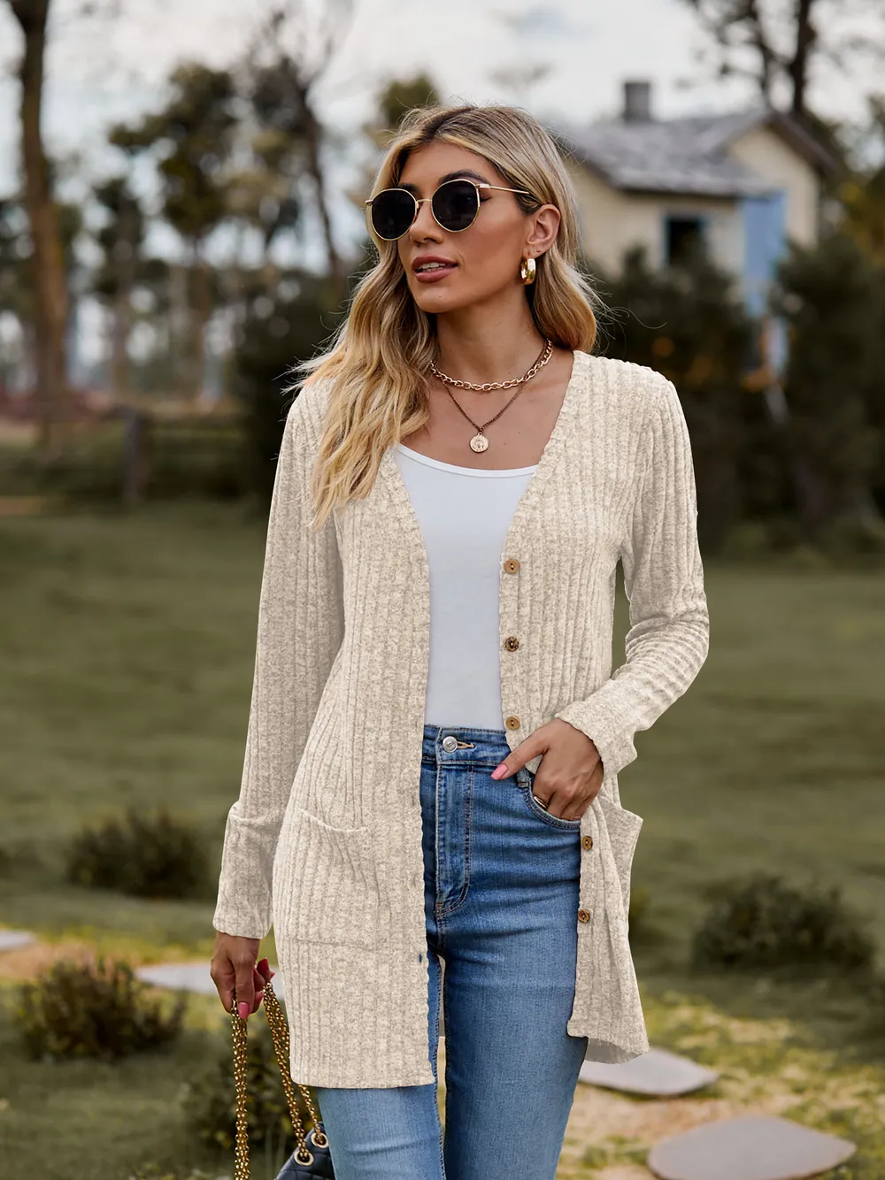 Ribbed Button-Up Cardigan with Pockets, image 10