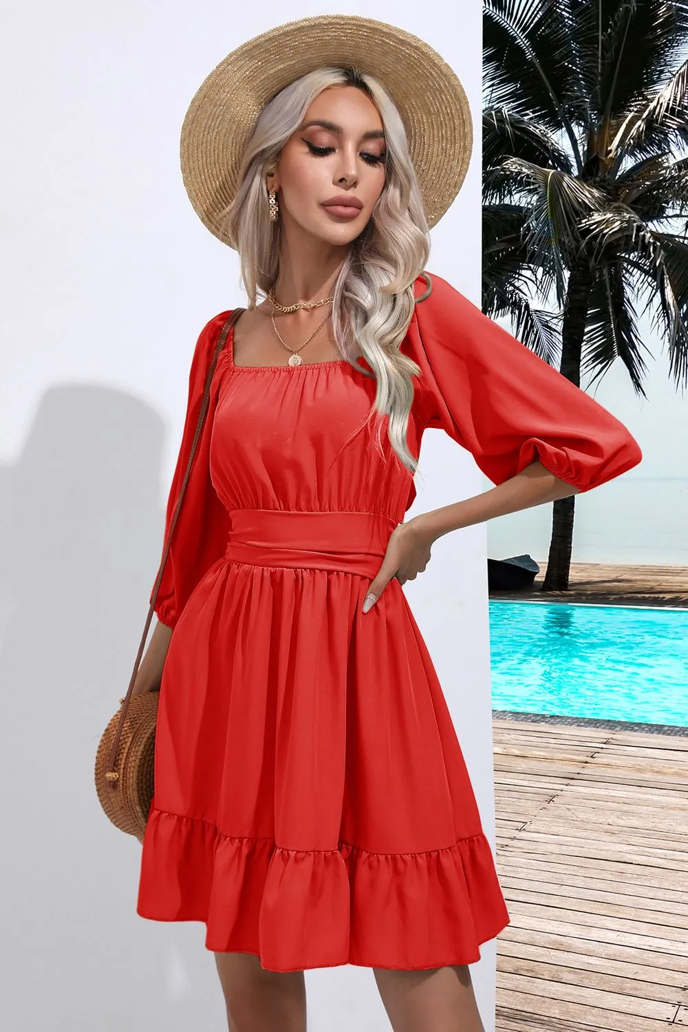 Square Neck Tie Back Ruffle Hem Dress, image 5