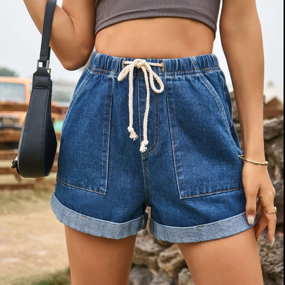 Drawstring High Waist Denim Shorts with Pockets, image 4