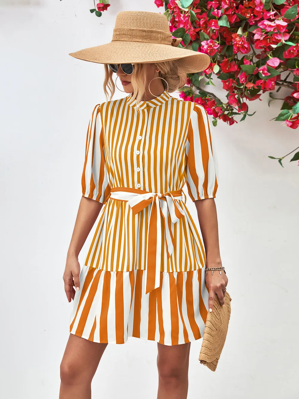 Striped Half Sleeve Tie Waist Mini Dress, image 9