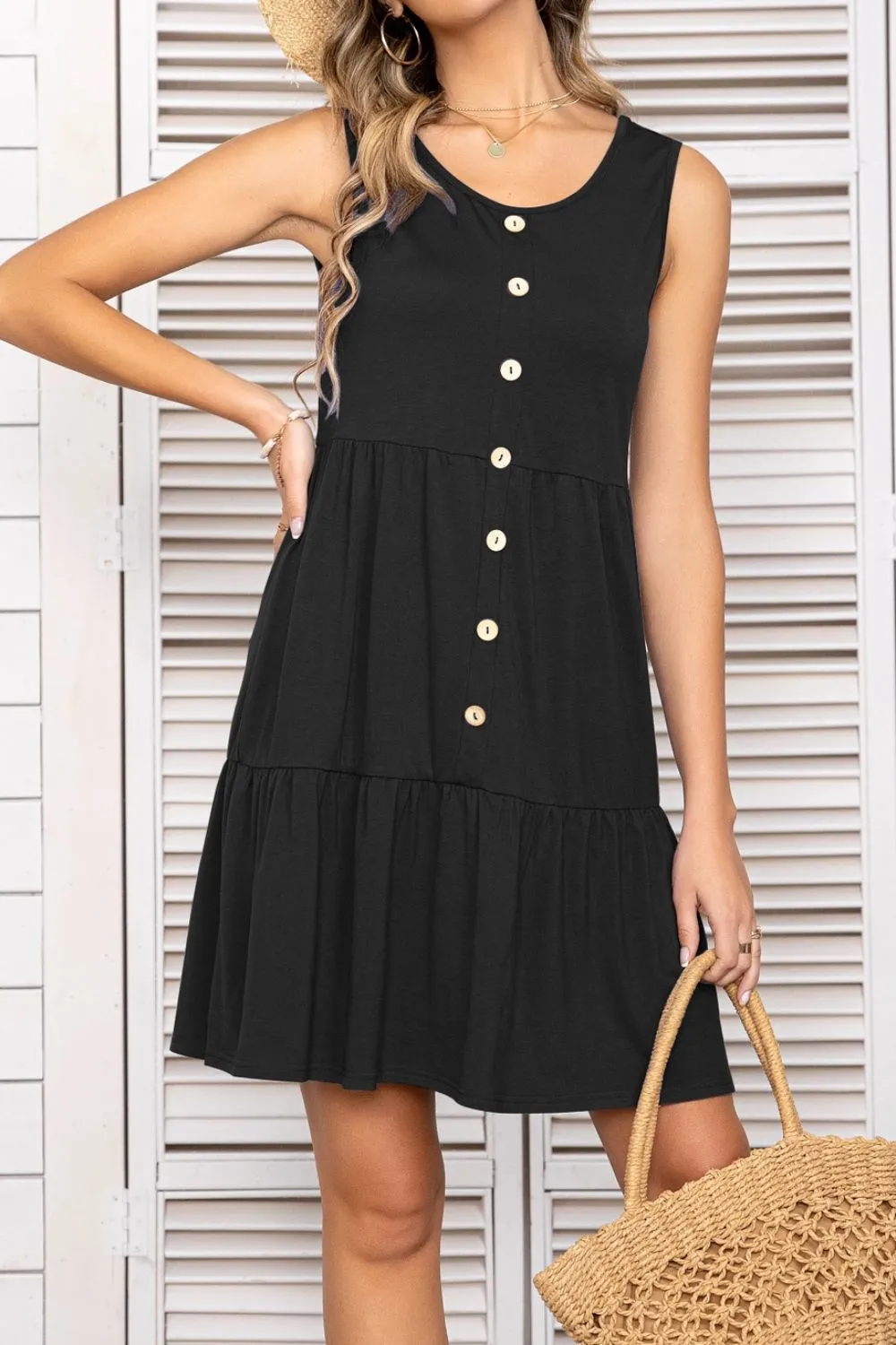 Decorative Button Scoop Neck Sleeveless Tiered Dress, image 4