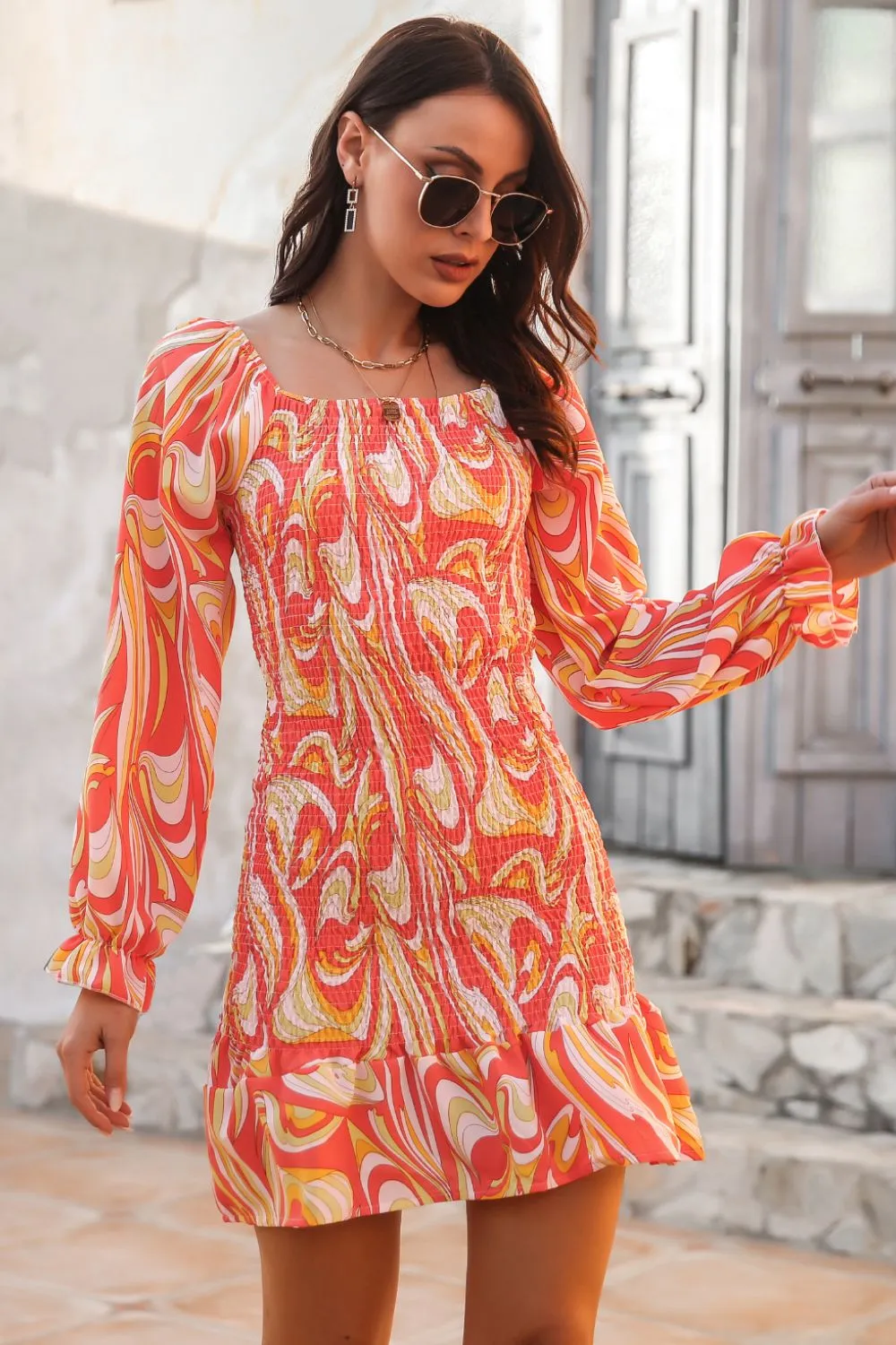 Abstract Print Square Neck Smocked Dress, image 11