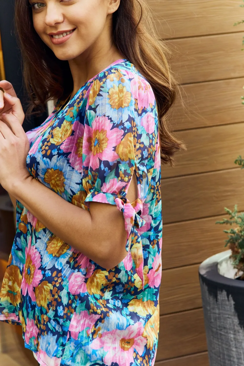 Full Size Floral V-Neck Tie Detail Blouse, image 5