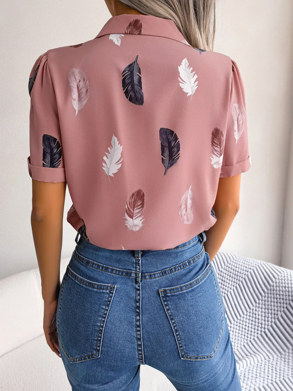 Feather Print Lapel Collar Puff Sleeve Shirt, image 9